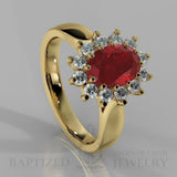 Oval Cut Ruby & Diamonds  Engagement Ring  (1 Ct + 0.5ctw) - 14K Yellow Gold