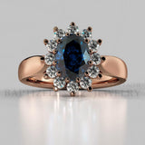 Oval Cut Blue Sapphire & Diamonds  Engagement Ring (0.5ct + 0.36ctw) - 14K Rose Gold