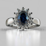 Oval Cut Blue Sapphire & Cubic Zirconia Sterling Silver Silver Ring (0.5 Ct + 0.36 Ctw) - Sterling Silver 925