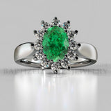 Oval Cut Emerald & Cubic Zirconia Sterling Silver Silver Ring (1.0 Ct + 0.5 Ctw) - Sterling Silver 925