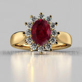 Oval Cut Ruby & Diamonds  Engagement Ring  (1 Ct + 0.5ctw) - 14K Yellow Gold