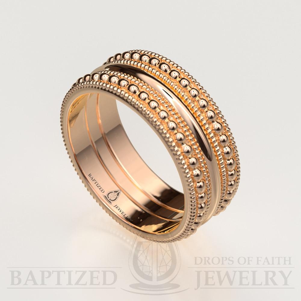14K Gold Bead Rows Wedding Ring - 14K Rose Gold
