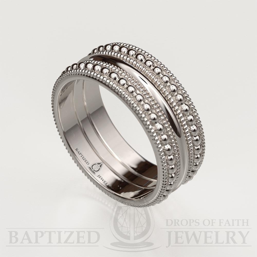 14K Gold Bead Rows Wedding Ring - 14K White Gold