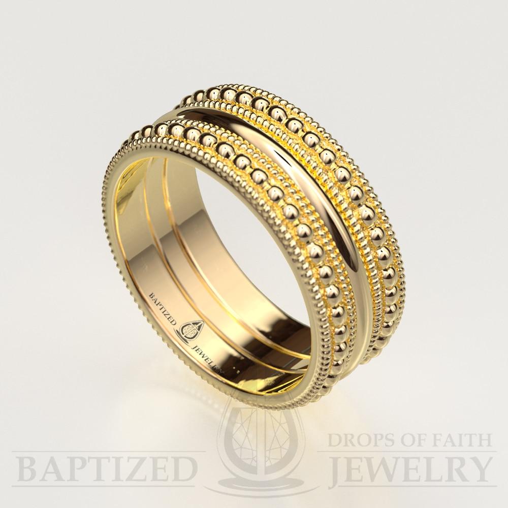 14K Gold Bead Rows Wedding Ring - 14K Yellow Gold